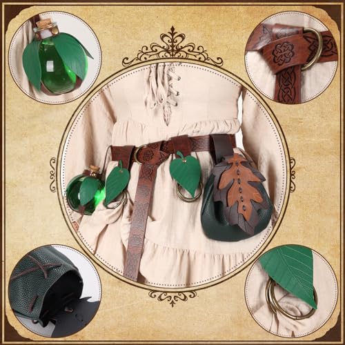 Women Renaissance Accessories Leather Belt Pouch Medieval Viking Skirt Hikes Renaissance Leaf Cosplay for Halloween - color: Bottle Set-brown Green