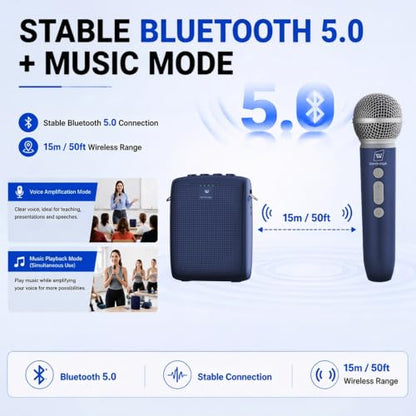 WinBridge Voice Amplifier with Wireless Mic for Teachers Blue WB009 | 15W Powerful Pa System,Bluetooth with 50ft Range, 12–15hr Battery, Dual Voice+Music Mode, Portable Lightweigh,Mute Control - color: Blue