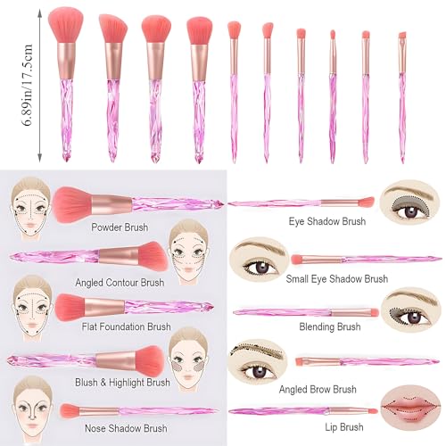 Kingtree Makeup Brushes, 10PCS Pink Crystal Makeup Brush Set Premium Synthetic Foundation Powder Concealer Eyeshadow Makeup Brush Kit, Professional Make Up Brush Set for Girls and Ladies - color: Pink
