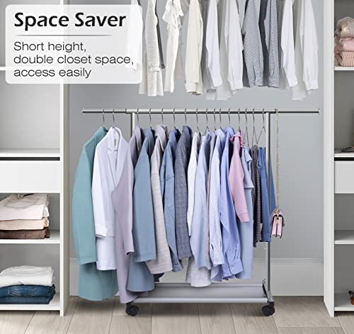 MISSLO Short Clothing Racks for Hanging Clothes with Bottom Shelves and Wheels Heavy Duty Rolling Clothes Rack Kids Clothing Rack for Adult Coat, Closet, Wardrobe - color: Silver