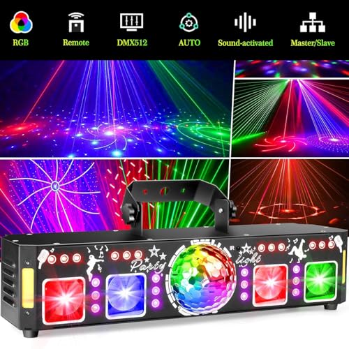 DJ Lights for Parties, Pro 7 in 1 DMX & Sound Activated DJ Lights Show Machine with Disco Ball Light, UV Black Lights - Sound Activated LED Lighting for Home, Karaoke, Birthday and DJ Events World Cup - color: 4 Head