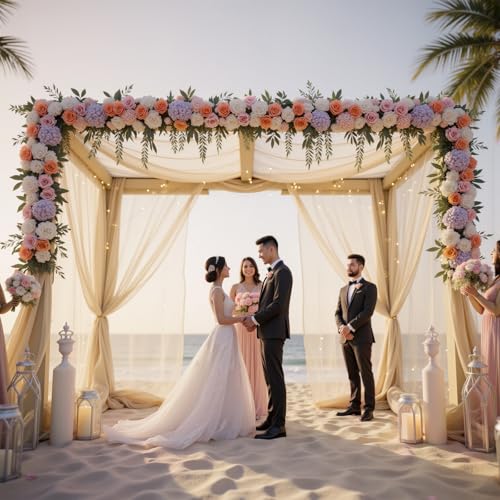 10 FT x 10 FT Champagne Backdrop Curtain - Tulle Backdrop Curtain with 9.8FT Lights String - Sheer Backdrop Curtains with 4 Inch Rod Pockets for Birthday Party Weddings Baby Shower Photo Booth Props - color: Champagne, size: 10ft×10ft