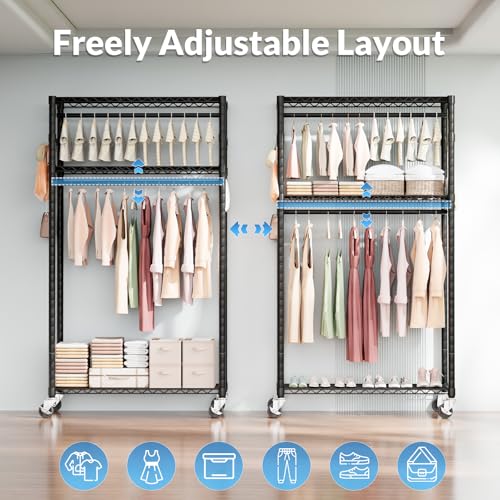 Heavy Duty Rolling Clothes Rack 3 Tiers, Metal Clothing Rack with Wheels, Adjustable Double Garment Rack, Closet Organizer System with 23.6" W x 15.7" D x 76" H, Max Load 400Lbs (Black) - color: Black, size: 23.6" W x 15.7" D x 76" H