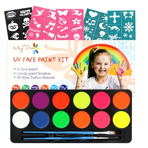 Maydear Face Painting Kit for Kids with 12 Colors Safe and Non-Toxic Large Water Based Face Paint (Fluorescence) - color: Fluorescence