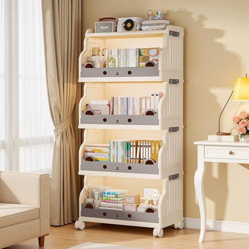 4-Tier Rolling Book Cart with Lockable Casters, Slim Bookcase Storage - color: White, size: 4 Tier