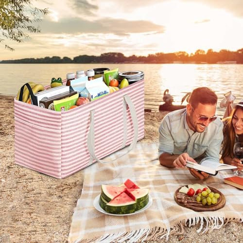 LHZK Standing Extra Large Utility Tote Bag with Metal Wire Frame and the Sides Rinforced, Extra Large Tote Bag with Handle, Reusable Grocery Bags Foldable, Beach Bag, Car Tote (Pink, 26''x15''x13'') - color: Pink, size: 26''x15''x13''-1 Pack