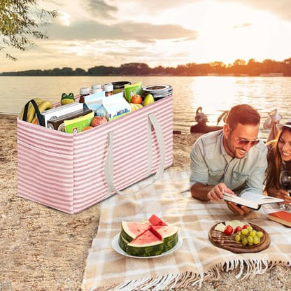 LHZK Standing Extra Large Utility Tote Bag with Metal Wire Frame and the Sides Rinforced, Extra Large Tote Bag with Handle, Reusable Grocery Bags Foldable, Beach Bag, Car Tote (Pink, 26''x15''x13'') - color: Pink, size: 26''x15''x13''-1 Pack