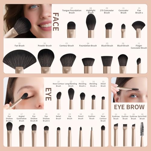 DUcare 30Pcs Professional Makeup Brushes Set, Large Foundation Powder Contour Concealer eyeshadow Blush EyeLiner Make up Brushes,Premium Synthetic hair,Vegan Cruelty-free - color: beige