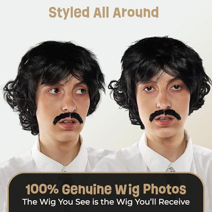 ALLAURA Vote Pedro Wig | Black Wig + Fake Mustache | 70s Shag Beatles Sonny Halloween Costume | Pablo Compatible - color: 17-Black