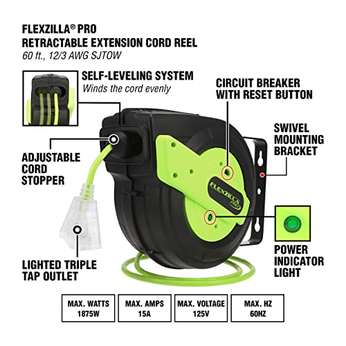 Flexzilla Retractable Extension Cord Reel, 12/3 AWG SJTOW Cord, 60', Grounded Triple Tap Outlet, ZillaGreen, FZ8120603 - size: 60ft / 12 Gauge