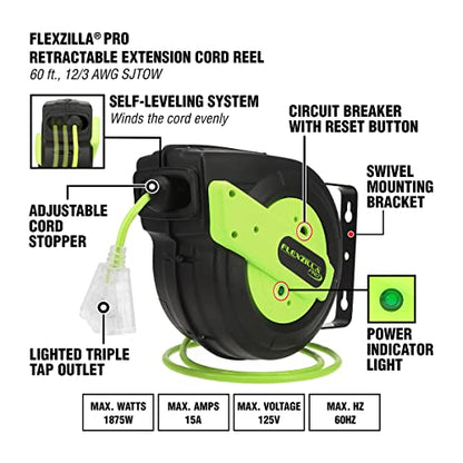 Flexzilla Retractable Extension Cord Reel, 12/3 AWG SJTOW Cord, 60', Grounded Triple Tap Outlet, ZillaGreen, FZ8120603 - size: 60ft / 12 Gauge