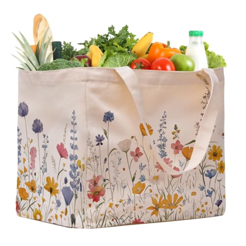 Aesthetic Canvas Reusable Grocery Bags Heavy Duty, 8.3 gal Foldable Large Tote Bag with Handles, Holds 60 lbs & Washable Eco-friendly Bags with 5 Pockets, Beige with a print 1 Bags（Wildflowers） - color: [A4] Flower, size: 1 Pack
