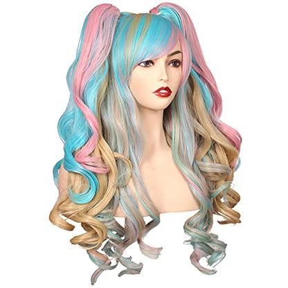 ColorGround Long Curly Cosplay Wig with 2 Ponytails (Blue/Pink/Blonde/Green) - color: Blue/Pink/Blonde/Green