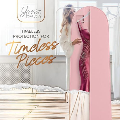 Your Bags Women’s Dress and Gown Garment Bag -72”x24” and 10” Tapered Gusset Prom Bags (Pink & White Dress Print) - color: Pink & White Dress Print