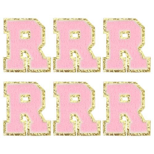 MECCANIXITY Chenille Letter Patches 3.1" Alphabet R Iron on Embroidered Patch Sew on Letter Stickers Applique for Repairing Clothing Jeans Shoes Hats DIY(Pink, Pack of 6) - style: Letter-R
