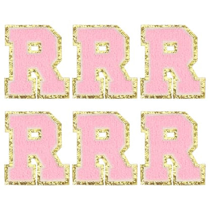 MECCANIXITY Chenille Letter Patches 3.1" Alphabet R Iron on Embroidered Patch Sew on Letter Stickers Applique for Repairing Clothing Jeans Shoes Hats DIY(Pink, Pack of 6) - style: Letter-R