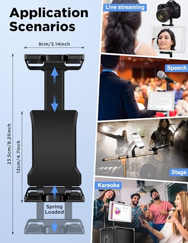 Tablet Holder for Microphone Stand with Power Bank Clip, iPad Music Stand | 360° Adjustable Spring-Loaded Clip Clip-on Phone Mount for Sheet Music Stand, Fits Devices Screen Size from 4.7 to 13.5” - size: XL