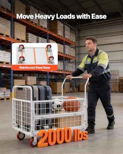 VEVOR Platform Truck Cart with Cage, 2000 lbs Capacity, 6-in-1 Foldable Flatbed Cart with Swivel Wheels, Heavy Duty Hand Truck, Multi-Functional Push Dolly, for Grocery Laundry, 44.5 x 26.6 x 42.1 in - size: 44.5 x 26.6 x 42.1 in/ 1130 x 675 x 1070 mm