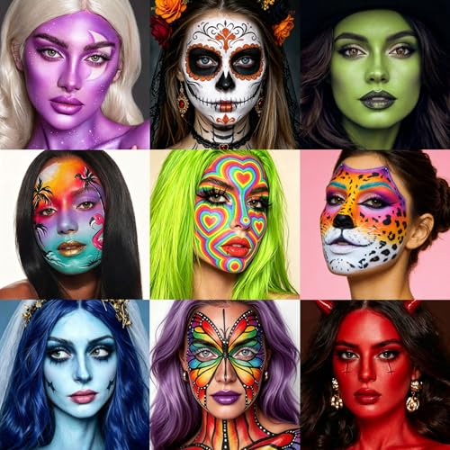 BOBISUKA 24 Colors Water Activated Face Body Paint Palette, Highly Pigmented Washable Face Painting Kit for Halloween Cosplay SFX Festival Party, Body Art Paints for Adults