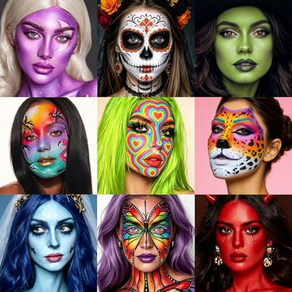 BOBISUKA 24 Colors Water Activated Face Body Paint Palette, Highly Pigmented Washable Face Painting Kit for Halloween Cosplay SFX Festival Party, Body Art Paints for Adults