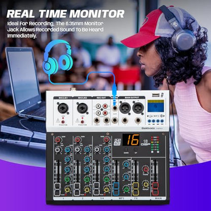 4 Channel Audio Mixer, 16 DSP Effects, 48V Phantom Power F4PRO | Bluetooth & USB connect, 3-band EQ, Real-time Monitoring, for Recording, Podcasting, Live Streaming, and DJ Use.