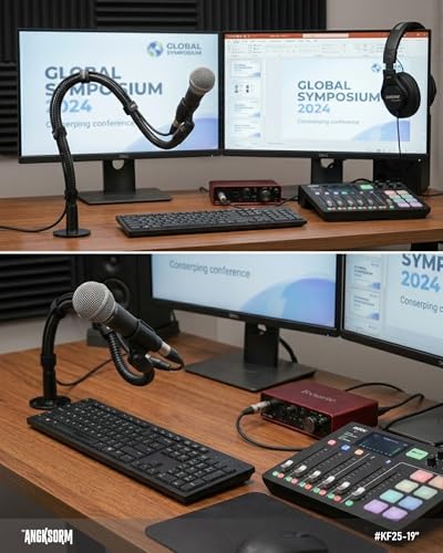 KF25 19-Inch Heavy-Duty Gooseneck Mic Stand with Flange Mount for Podium | Microphone holder for wider lecterns and studio desks, up to 2.8 lb, with mic clip, adapter, and 10 cable ties - size: 19-INCHS
