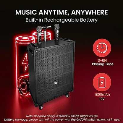 Pyle 12'' Portable Wireless Bluetooth Speaker System - Built-in Rechargeable Battery, Wireless Microphone, USB/Micro SD/FM - 80 Watt - FM Radio with Digital LED Display, PWMA1299A - size: 12 inch