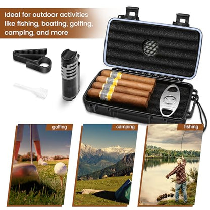 Flauno Travel Cigar Humidor Case - Portable Humidor Kit with Lighter (Without Gas), Cutter, Holder, Humidifier & Dropper, Waterproof, Crushproof, Airtight Seal (Holds up to 5 Cigars) - size: Holds up to 5 Cigars with Cigar Lighter