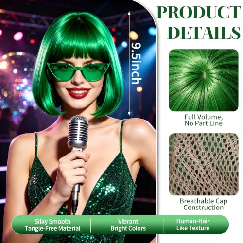 Short Bob Straight Hair Wigs with Bangs, Synthetic Fiber Colorful Hair, Cat Eye Glasses for Women (Green) - color: Green
