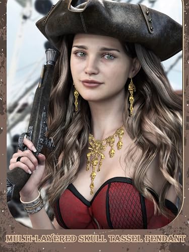 Fourluoo 4 Pieces Pirate Costume Accessories Women Pirate Hat Head Scarf Sash Belt Necklace Earrings Women Costume - size: Medium