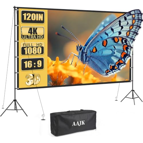 AAJK 120in Outdoor Projector Screen with Stand Easy Set Up Screen | Projector Screen Outdoor, 16:9, Portable, 4K, Indoor Outdoor, Wrinkle-Free Design, Ideal for Home Theater and Backyard Cinema