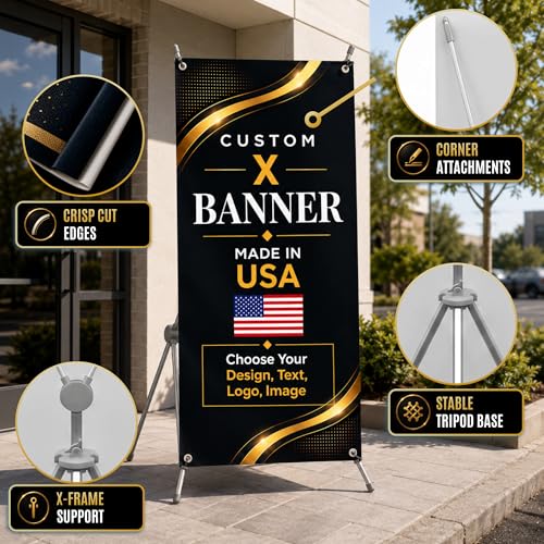 custom x stand banner 30x65" custom banners personalized Printed in USA | Custom x banner stand for Display, Vertical custom banner with stand (Option)business banners and signs customize for Event - color: X Stand Banner