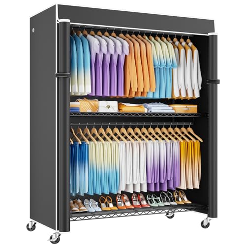 ULIFHOME P8C Max Heavy Duty Clothes Rack（With Extended Width Design） Rolling Clothing Racks for Hanging Clothes with Lockable Wheels，51.2"W x 15.8"D x 80.5"H，Load 800LBS，Black Rack with Black Cover - color: Black Rack with Black Cover, size: P8C Max