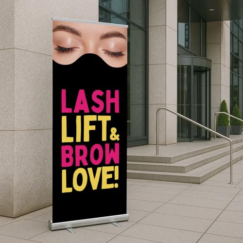DreamController Lashes & Brows Retractable Stand Banner by DC | 33"x81" Roll-Up Display | Lash Lift Brow Love Vertical Pull-Up Banner for Trade Shows & Events | Made in USA | (Stand Not Included) - color: Lash Lift Brow Love, size: Retractable Banner - 33