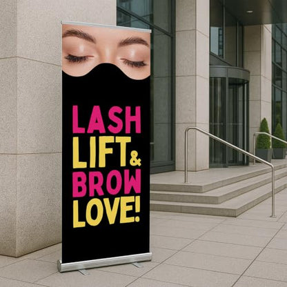 DreamController Lashes & Brows Retractable Stand Banner by DC | 33"x81" Roll-Up Display | Lash Lift Brow Love Vertical Pull-Up Banner for Trade Shows & Events | Made in USA | (Stand Not Included) - color: Lash Lift Brow Love, size: Retractable Banner - 33