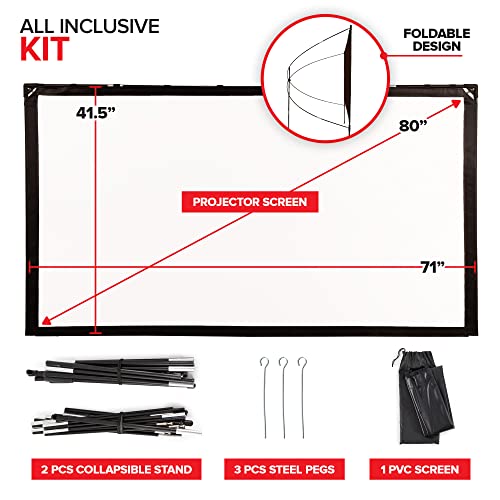 Modern Innovations 80 Inch HD Outdoor Movie Screen, Portable Outdoor Projector Screen and Stand for Indoor or Backyard Use, Foldable Frame, Movie Projection Screens for Travel, Camping, Family Movies