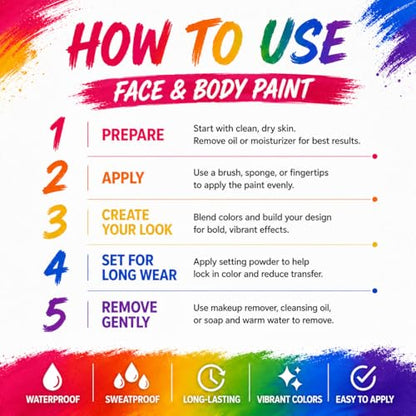 Face Paint Palette Kit 40 Colors Waterproof Oil Based Body Paint Makeup Kit | Face Painting Kit for Kids Professional Non-Toxic Makeup Palette with Tattoo, Brush, Stencil, Sponge, Gem, Party Halloween