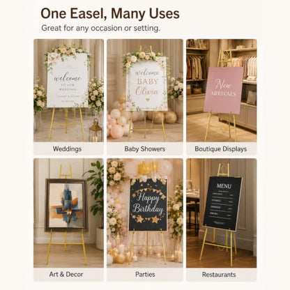 Gold Easel Stand for Sign Wedding, 57.5-Inch Adjustable Metal Stand | Welcome Sign Holder 4-tier Display Height, with Carry Bag, for Posters, Art, Pictures, Up to 10-25 lb