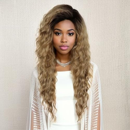 26 Inch Long Brown Curly Wigs for Women Black Roots Hairline 80s Retro Wig - color: Ombre Brown