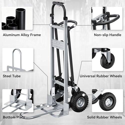 4-in-1 Convertible Dolly Cart, 850LBS Aluminum Alloy | Heavy Duty Hand Truck Dolly with wheels & Non-Slip Handle, Collapsible Cart for Luggage, Cartons, Warehouse, Office, Black - size: Large-Black