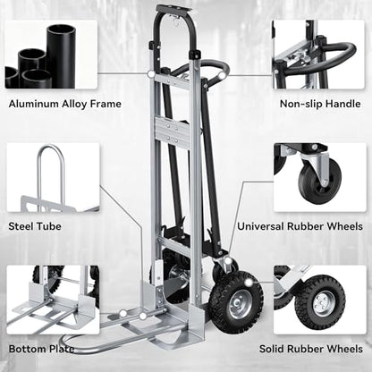 4-in-1 Convertible Dolly Cart, 850LBS Aluminum Alloy | Heavy Duty Hand Truck Dolly with wheels & Non-Slip Handle, Collapsible Cart for Luggage, Cartons, Warehouse, Office, Black - size: Large-Black