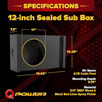 QPower Single 12-Inch Downfire or Behind-Seat Speaker Box, Features 0.75 Cubic Feet of Airspace, Compatible with Most GMC, Chevrolet, and Ford Trucks - style: 12" QBOMB