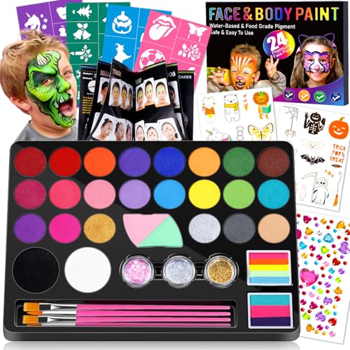 Drawdart Face Painting Kit for Kids - 24 Colors Water Based Non Toxic Face Paint Kit, Professional Face Paint for Kids with Stencils & Brushes - Parties, Birthdays, Halloween Face Body Makeup Kit - color: 24 Colors Kit