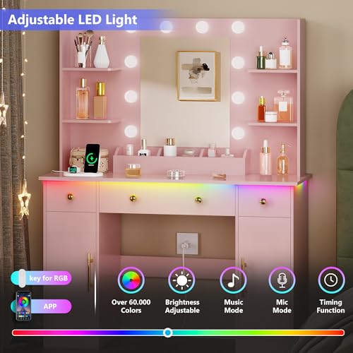 HUANLEGO Vanity Desk with Mirror and Lights, Makeup Vanity with Mirror and LED Lights & Power Outlet, 3 Drawers and Cabinets, 3 Lighting Modes Dressing Table Set for Girls Women Bedroom,Pink - size: 43.7x15.7x57.6 in, style: Pink