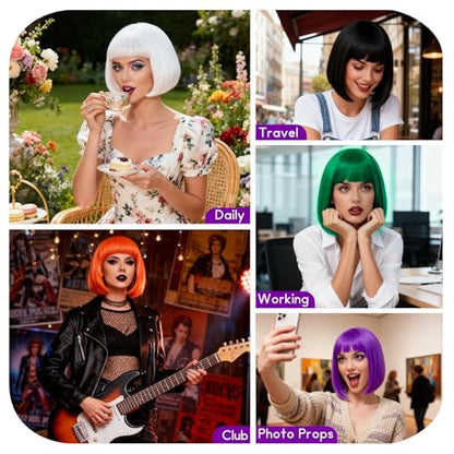 2 Pack Purple Bob Wig with Bangs Heart Sunglasses for Women, Neon Bobs Funny Party Wigs Synthetic for Adults Birthday Valentine's Day Bachelorette Mardi Gras Party Christmas Halloween Costume - color: Purple