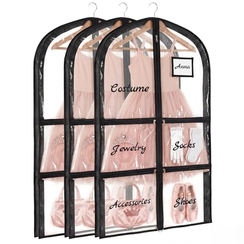 Nuenen 3 Pack Dance Garment Bags for Costumes Clear Dance Recital Organizer with Pockets & Labels, 40 Inch PVC Hanging Costume Bag for Competition Travel, Garment Bag with Compartments(Black) - color: Black