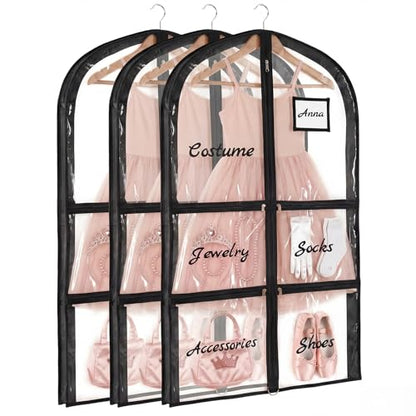 Nuenen 3 Pack Dance Garment Bags for Costumes Clear Dance Recital Organizer with Pockets & Labels, 40 Inch PVC Hanging Costume Bag for Competition Travel, Garment Bag with Compartments(Black) - color: Black