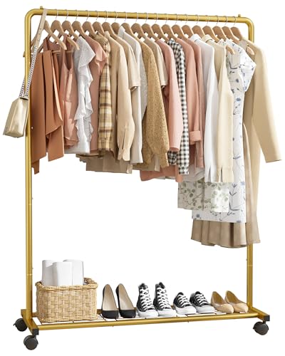 Sakugi Clothes Rack - Clothing Rack with Storage Mesh Shelf & Casters, Heavy-Duty Metal Clothing Rack for Hanging Clothes, Dresses, Coats, Large Load Capacity, Easy Assembly, Gold, 44.3"x16.9"x59.0" - color: Gold, size: 43.3" x 16.9" x 59.0" (1 Rod)