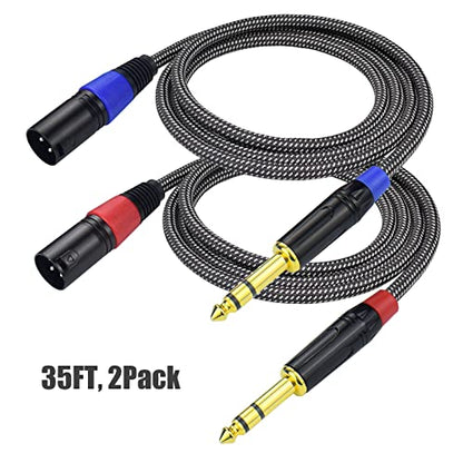 Balanced 1/4" TRS to XLR Male Patch Cable, 35Feet Quarter Inch 6.35mm to 3pin XLR Male Microphone Cable, Heavy Duty Nylon Braided, Gold Plated Plug, for Mixer, Speaker, Studio Monitor -2Pack - size: 35Feet, 2Pack