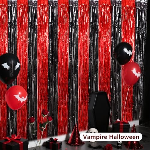 BEISHIDA Red Black Door Streamers Backdrop Foil Fringe Tinsel Party Streamers Curtains Photo Backdrop - 2Pcs for Birthday Graduation Bachelorette Halloween New Year Party Decoations - color: 05-red black